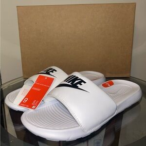 Nike White Slide Sandals with Black Logo